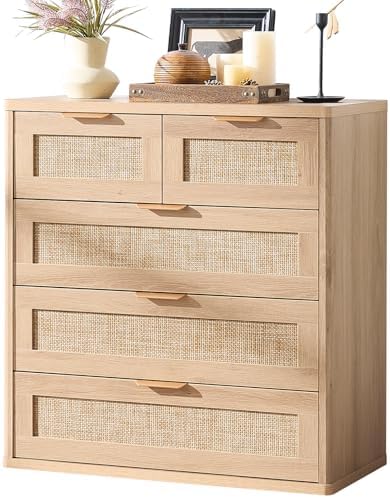 LEYAOYAO Rattan Dresser for Bedroom, 33.5" Tall Chest of Drawers, Modern 5 Drawers Boho Dressers with Storage, Light Oak Dresser Wooden Closet Organizer for Living Room, Hallway, Natural Wood