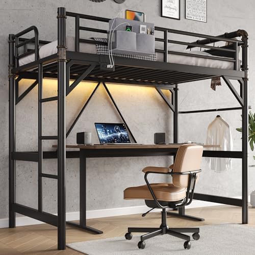 Twin Size Loft Bed with LED Lights and Charging Station, Industrial Heavy Duty Metal Loft Bed Frame with Ladder and Guardrail for Kids Adults, Small Space Saving Design for Bedroom Dorm, Black