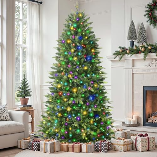 SHareconn 7.5ft Prelit Artificial Hinged Christmas Tree with 430 Color Changing RGB Lights(Upgraded),Remote Control,Fake Pre-Lit Lush Fraser Fir Tree with 2434 Branch Tips for Xmas Decoration, 7.5 FT