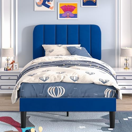 VECELO Twin Size Bed Frame with Upholstered Headboard, Velvet Platform Bedframe Mattress Foundation, Strong Wood Slat Support, No Box Spring Needed,Blue