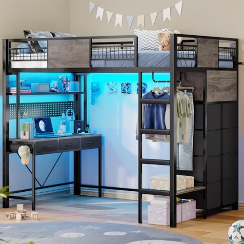 ADORNEVE Loft Bed Twin Size with Desk, 11 Storage Drawers, Metal Kids Loft with RGB Lights, Charging Station, Shelves & Clothing Rack, 13.4" H Safety Guard & Paded Ladder, Black & Grey