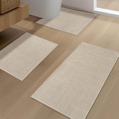 YIHOUSE Beige Bathroom Rug Sets 3 Piece, Absorbent Bath Mat for Bathroom Non Slip Washable, Bathroom Mat Quick Dry, Thin Bath Rug Set for Toilet and Floor
