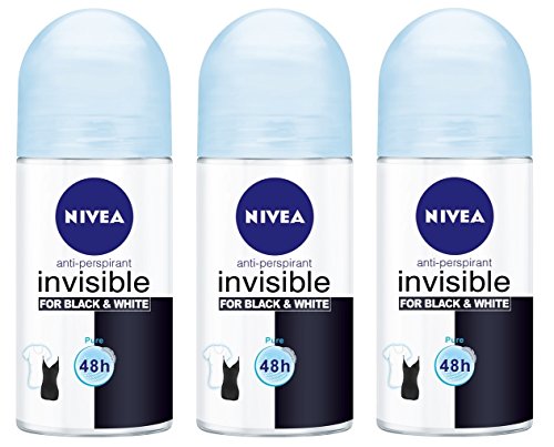 (Pack of 3 Bottles) Nivea INVISIBLE FOR BLACK & WHITE PURE Women's Roll On Anti-perspirant Deodorant (Pack of 3 Bottles, 1.7oz / 50ml Each Bottle)