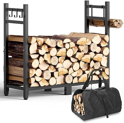 Brightown Firewood Rack Indoor with Log Carrier, 34inch Outdoor Wood Rack for Firewood,Fire Wood Storage with Kindling Hooks, Adjustable Pads, Heavy Duty Logs Holder for Fireplace Deck Outdoor, Black