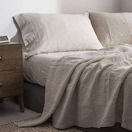 Simple&Opulence 100% Pure Linen Sheet Set King Size, Natural French Flax Solid Color 4 Pcs Washed Breathable, Farmhouse Bedding (1 Flat Sheet,1 Fitted Sheet,2 Pillowcases)-Embroidery Linen