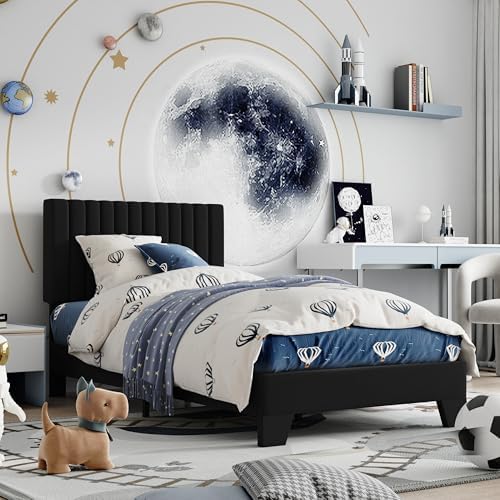 Twin Size Bed Frame, Velvet Upholstered Platform Bed with Adjustable Tufted Headboard, Sturdy Frame and Slats, Noiseless, No Box Spring Required, Easy to Assemble, Black