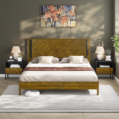 Bme Ethan Solid Wood King Bed Frame with Diamond Headboard - Rustic & Mid-century Modern - Acacia Wood Platform Bed - Compatible with All Mattresses - No Box Spring Needed - Rustic Brown