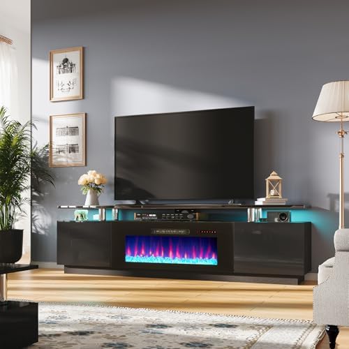 AMERLIFE Fireplace TV Stand with 40" Fireplace, 80" Modern High Gloss Fireplace Entertainment Center LED Lights, 2 Tier TV Console Cabinet for TVs Up to 90", Obsidian Black