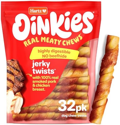 Hartz Oinkies Jerky Twists with Naturally Smoked Pork & Real Chicken Breast Dog Treats, Highly Digestible Long Lasting Dog Chews, 32 Count