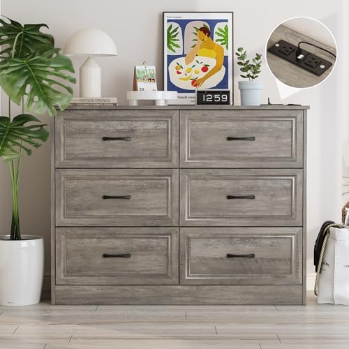 Fameill Dresser for Bedroom, 6 Drawer Wide Dresser Organizer with Charging Station, Tall Dresser for Hallway, Wood Dresser with Metal Handles, Ash Grey