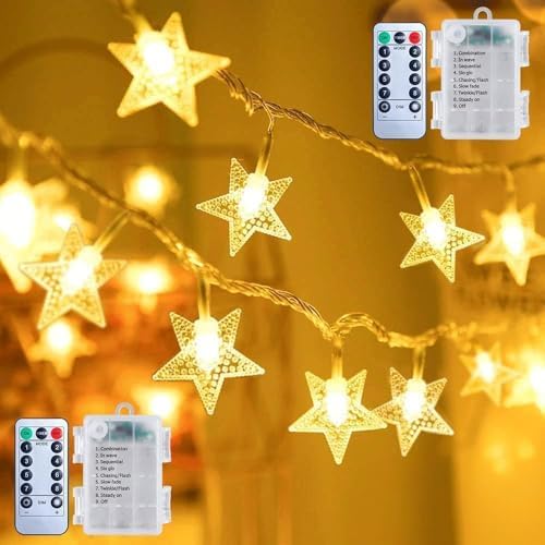 Brightown Star String Lights - 2 Pack Total 33ft 100 LED Star Fairy Lights Battery Operated with Remote for Indoor Outdoor, Twinkle Fairy Christmas Light for Bedroom Wedding Party Decor, Warm White