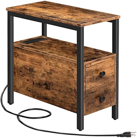 HOOBRO End Table with Charging Station, Narrow Side Table with 2 Drawer & USB Ports & Power Outlets, Nightstand for Small Spaces, for Living Room, Bedroom, Rustic Brown and Black BF541BZ01