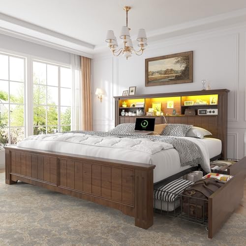 EnHomee Queen Bed Frame with Headboard and Storage,4 Drawers and LED Built in Charging Station Bed Frame Queen Size with Storage Farmhouse, NO Noise,No Box Spring Needed,Brown