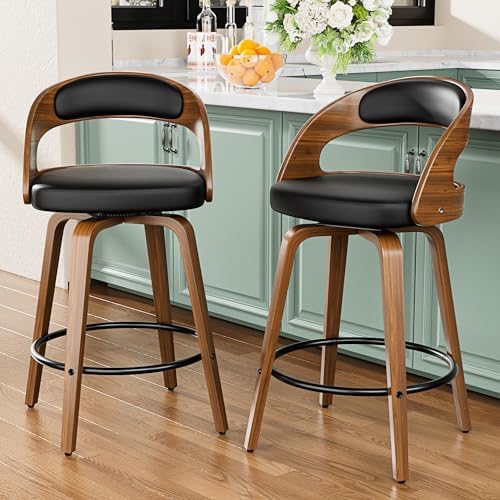 Bar Stools Set of 2, 26" Swivel Counter Height Bar Stools with Bentwood Legs and Back, Mid Century Modern Faux Leather Upholstered Counter Stools for Kitchen Island, Bar, Restaurant, Black
