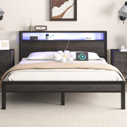 Full Size Bed Frame with Storage Headboard, Industrial Platform Bed with Charging Station and LED Lights, Heavy Duty Metal Slats, No Box Spring Need, Noise Free, Grey