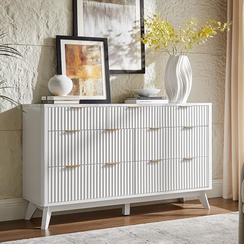 T4TREAM Fluted 7 Drawers Dresser, 54" Wide Modern Chest of Drawers with Faux Marble Top, Curved Profile Design, Dresser TV Stand, Wood Drawer Organizer for Bedroom, Living Room, Hallway, Solid White