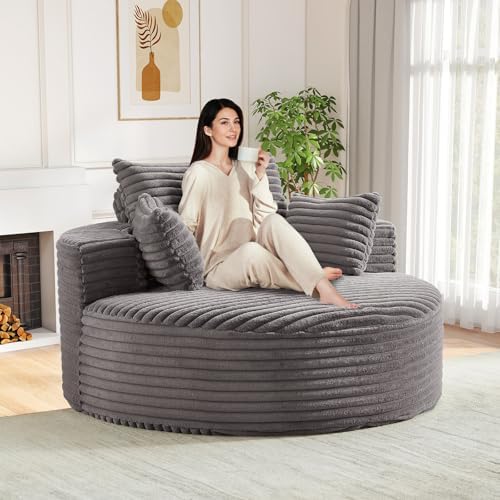 Oversized Round Chaise Longue Chair Indoor, Modern 55-inch Upholstered Corduroy Deep Seat Circle Single Cloud Lounge Floor Sofa Chair for Living Room, Bedroom Apartment, Grey