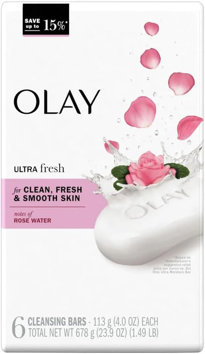Olay Ultra Fresh Bath Bar, for Clean, Fresh & Smooth Skin with Notes of Rosewater, 23.9 oz (678g) - 6 Count, Pack of 1