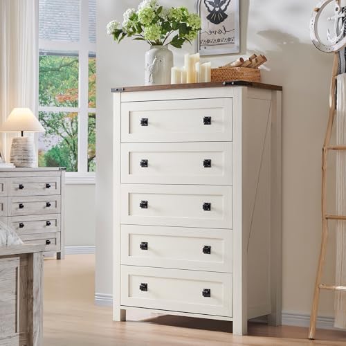 T4TREAM Farmhouse 5 Drawers Dresser Chests for Bedroom, Wood Rustic Tall Chest of Drawers, Dressers Organizer for Bedroom, Living Room, Hallway, Antique White
