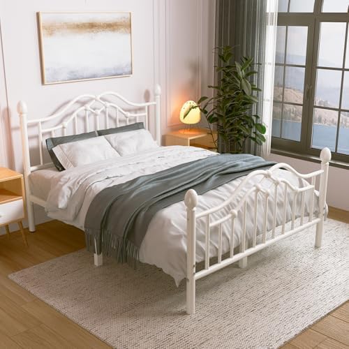 Metal Full Bed Frame with Headboard and Footboard, Modern Platform Bed Frame Support Up to 1000LBS, Under Bed Storage, No Box Spring Needed, Easy Assembly, White