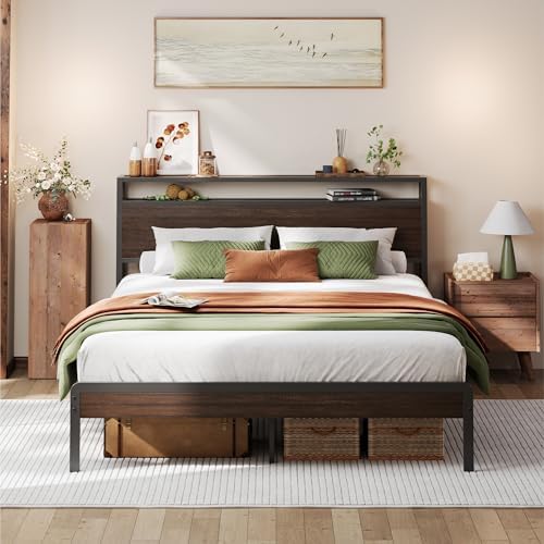 LIKIMIO Full Bed Frame with Headboard, Dark Wood Camas Full with Strong Supports, Sturdy, Noise-Free, No Box Spring Needed, Dark Brown