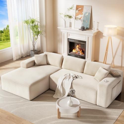 108†Cloud Sectional Couch in One Box, Compressed Modern Modular Sectional Sofa with Deep Seat, Corduroy Boneless Couches with Chaise, L-Shaped Sofa for Living Room, 4 Storage Pockets(Beige)