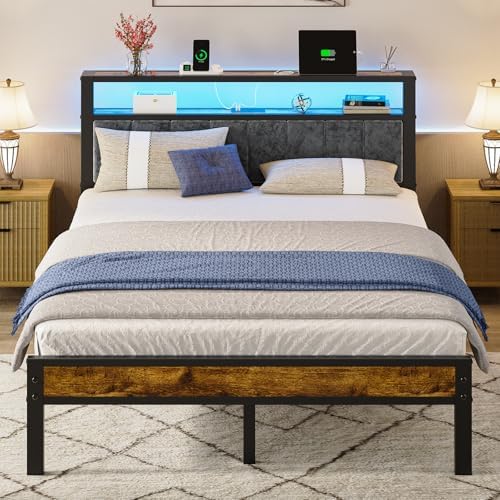 Queen Size Bed Frame with 2-Tier Storage Shelves Headboard, Platform Bed with Charging Station, LED Lights No Box Spring Needed Noise Free