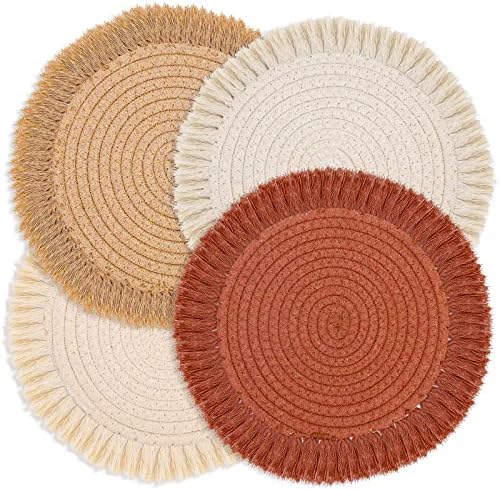 13 Inch Fall Round Cotton Placemat Set of 4 Boho Placemats Table Mats Woven Washable Table Placemats for Fall Kitchen Dining Home Farmhouse Thanksgiving Christmas Decoration Heat Resistant Place Mat