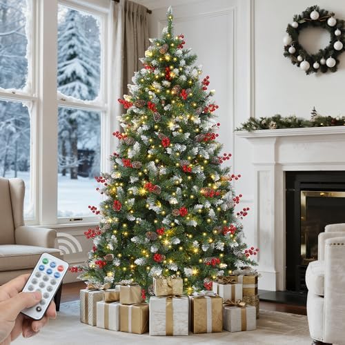 GOOBED Prelit Pre-Decorated Green Christmas Tree 7.5ft w/Remote, Pre-Lit Hinged Artificial Xmas Tree w/ 1398 Partially Frosted Tips, Pine Cones & Red Berries, 550 LED Lights, 11 Modes for Home