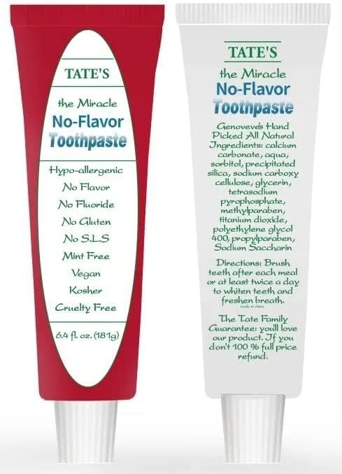 Tate's No Flavor Toothpaste Fluoride-Free, All-Natural Ingredients,Cavity Protection, Whitening & Antiplaque for Sensitive Teeth, Bad Breath,Strengthens Enamel - Ideal for Adults & Kids - 6.4 oz
