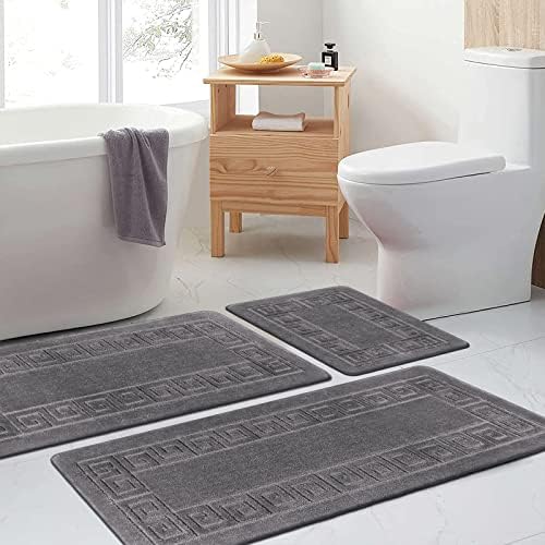 Pauwer Bathroom Rugs Set, 3 Piece Non Slip Bath Mats, Shaggy Microfiber, Absorbent, Machine Washable, Grey, 20"x32"+20"x48"+20"x60"