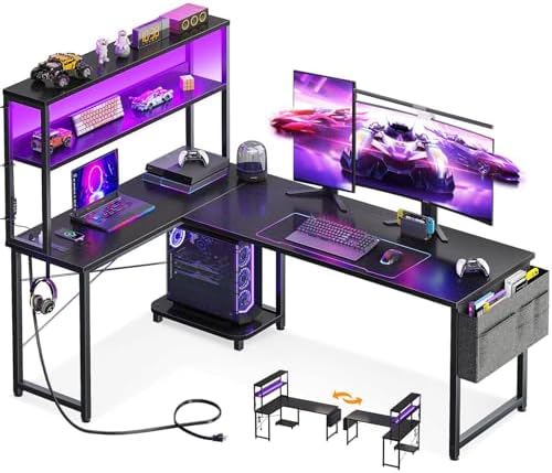 AODK L Shaped Desk Gaming Desk with LED Light & Power Outlet, 61 Inch Reversible L Shaped Computer Table with Shelf & Storage Bag & Hook for Home Office, Black