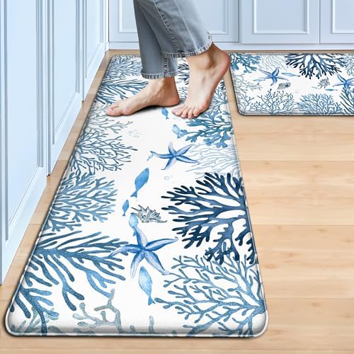 Kitchen Mats for Floor Cushioned Anti Fatigue Sets of 2 Coastal Kitchen Rugs Non Slip Waterproof Nautical Foam Kitchen Floor Rug Beach Theme Coral Fish Comfort Standing Mat for Sink Laundry, Blue