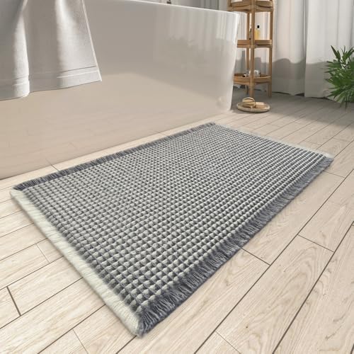 Upgraded Waffle Bath Mat, Super Absorbent Non Slip Bath Mats for Bathroom Floor, Machine Washable Bathroom Rugs with Tassels, Rubber Backed Bathroom Mats, Ultra Soft, 24" x 36",DarkGrey & Cream