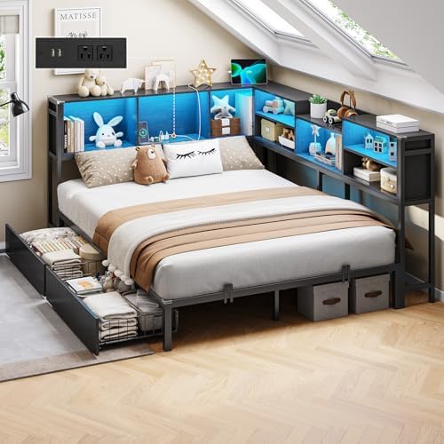 DICTAC Full Corner Bed Frame with Bookcase Storage and Led Lights Metal Platform Bed Frame with 2 Drawers and Charging Station Full Size Daybed with Storage for Living Room,Bedroom,Guest Room,Black