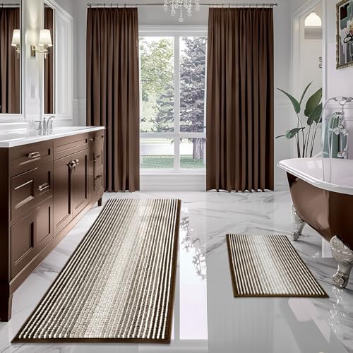 BSICPRO Bathroom Rugs and Mats Sets, 2 Piece Thick Absorbent Chenille Bath Mat Rug Set Non Slip, Soft Shaggy Bath Room Floor Mats for Bathroom, Machine Washable (Brown, 24" x 70" Plus 20" x 32")