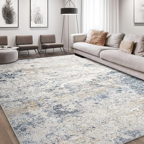 Area Rug Living Room Rugs - 9x12 Abstract Large Soft Indoor Washable Rug Neutral Modern Low Pile Carpet for Bedroom Dining Room Farmhouse Home Office - Beige Blue