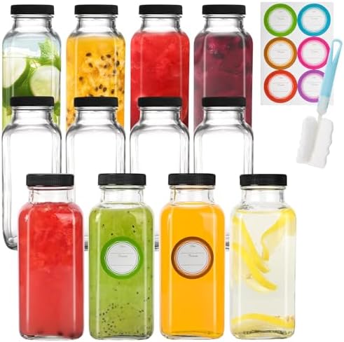 12 Pack 12oz Glass Juice Bottles with Lids - Juicing Bottles Reusable Glass,Drinking Jars with Airtight Lids & Cleaning Brush - Perfect for Juicing, Kombucha, Wellness Shots, and Storage