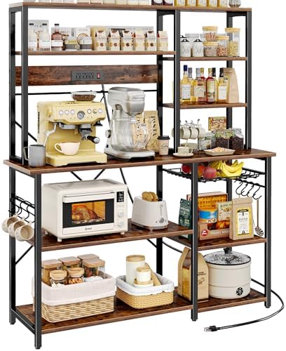SUPERJARE Larger Bakers Rack with Power Outlets, 6-Tier Microwave Stand, Coffee Bar with 12 S-Shaped Hooks, Kitchen Shelf with Wire Basket, 47.2 x 15.5X 66.9 Inches, Rustic Brown