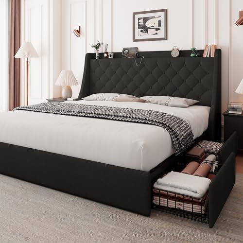 Feonase Upholstered Queen Size Bed Frame with 4 Storage Drawers, Storage Bed with Charging Station, Large Wingback Headboard, No Box Spring Needed, Black
