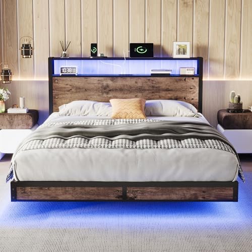 Queen Size Bed Frame with Storage Headboard, Sturdy Metal Platform Bed Frame with LED Lights and Charging Station, Easy Assembly, No Box Spring Needed, Noise Free, Rustic Brown