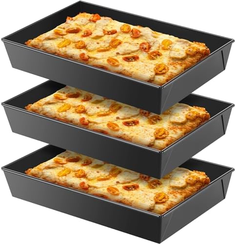 3 Pcs Detroit Style Pizza Pan 10 x 14 x 2.36 Inch Hard Rectangular Deep Pizza Pans Non Stick Sicilian Style Pan Dish Pre Seasoned Bakeware Kitchenware