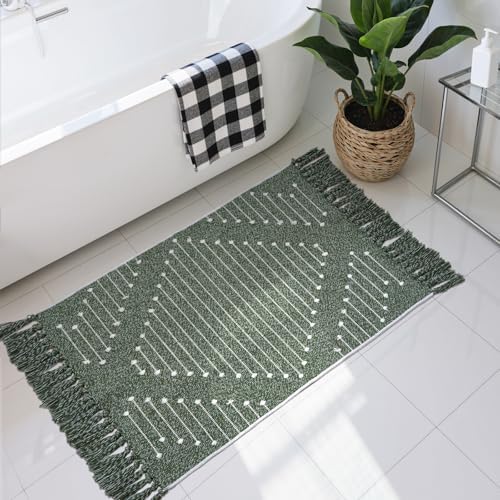 LIVEBOX Boho Green Bathroom Rug 2 x 3, Washable Bath Mat with Tassel Cotton Blend Woven Small Area Rug for for Entryway, Kitchen Sink,Front Door