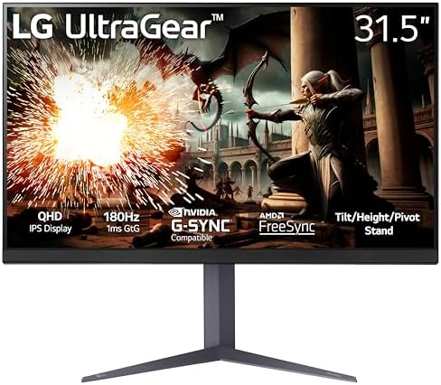 LG 32" Ultragear QHD (2560x1440) Gaming Monitor, 180Hz, 1ms, IPS, DisplayHDR 400, NVIDIA G-SYNC Compatible, AMD FreeSync, VESA Adaptive Sync, HDR10, Tilt/Height/Pivot Stand, HDMI, DisplayPort, Black