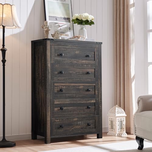 T4TREAM Farmhouse 5 Drawers Dresser Chests for Bedroom, Wood Rustic Tall Chest of Drawers, Dressers Organizer for Bedroom, Living Room, Hallway, Dark Rustic Oak