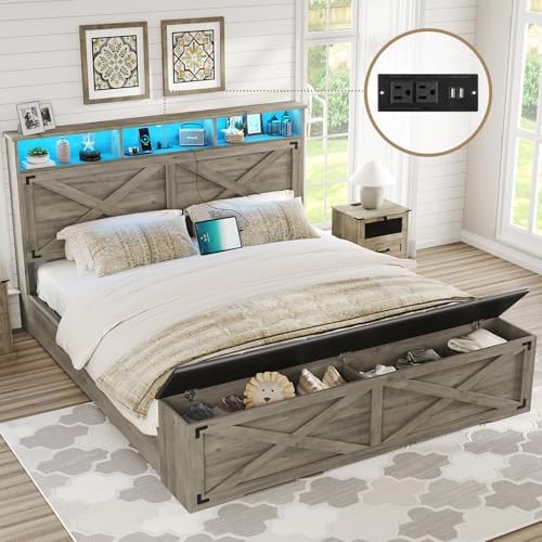 DICTAC Farmhouse Bed Frame Queen Size with Storage Headboard, Charging Station and Ottoman Rustic Queen Platform Bed Frame with Led Lights,Metal Slats Support,No Box Spring Needed,Oak Gray