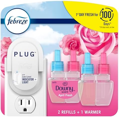 Febreze Plug In Air Freshener, Odor-Fighting Scented Oil Starter Kit, Air Fresheners for Home and Bathroom and Kitchen, Long Lasting for Strong Odors, Downy April Fresh Scent, Warmer + 2 Refill