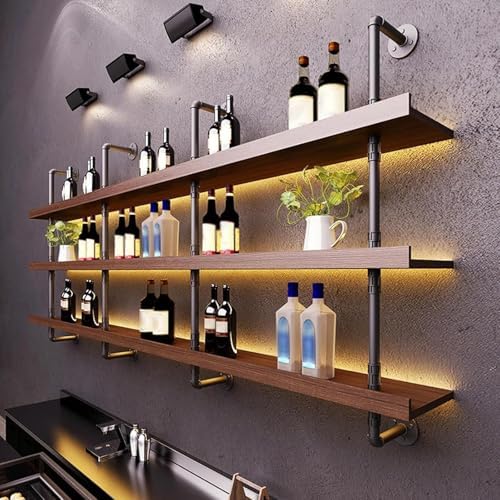 Large Wine Rack with LED Light Solid Wood Wall Mounted Wine Rack, 3-Tiers Liquor Bottles Floating Shelves Display Storage Organizer for Home Bar & Dining Room (120cm/47.2in)
