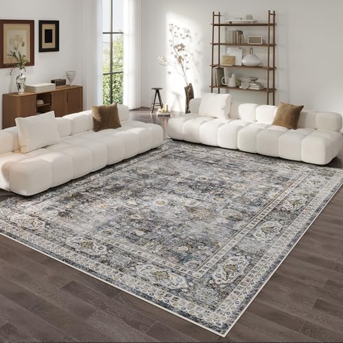 Rugcomf 9x12 Rug Washable Boho Rug Soft Large Area Rug Non-Slip Non-Shedding Faux Wool Vintage Rug for Living Room, Farmhouse, Dining Room, Indoor, Kids Playroom (Grey)