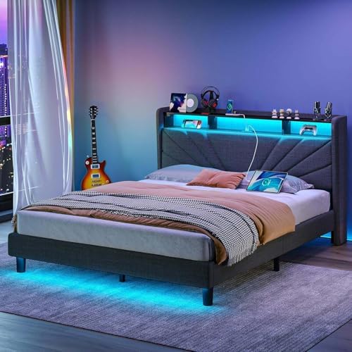 Rolanstar Queen Size Bed Frame, Storage Headboard with Charging Station and LED Lights, Upholstered Bed with Heavy Duty Wood Slats, No Box Spring Needed, Noise Free, Easy Assembly, Dark Grey